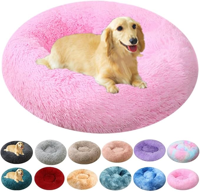 Calming Small Dog Bed Pink Cat Bed, 20 Inch Donut Fluffy Anti-Anxiety Round Bed Washable Cute Bed, Cuddler Warming Cozy Soft Bed, Plush Cushion Bed for Small Medium Dogs and Cats (Bright Pink)