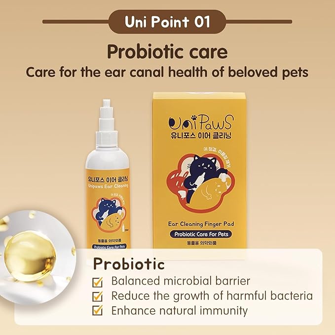 UNIPAWS Pet Ear Drops for Dogs & Cats – Vet-Recommended Ear Cleaner & Deodorizer – Helps Reduce Wax Buildup & Soothe Itchy Ears – 5.1 fl oz Probiotic & Moisturizing Formula, Made in Korea