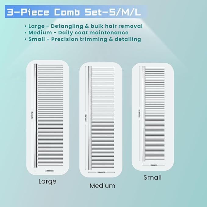 [3 Pack] Stainless Steel Pet Comb Set – Grooming Combs for Dogs & Cats, Large Medium Small Sizes – for Long, Short, Curly Hair, Detangling Matted or Knotted Undercoat Hair