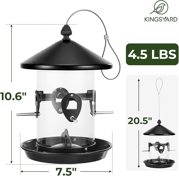 Kingsyard 4.5 lbs Large Metal Bird Feeders for Outdoors Hanging with 8 Ports, Tube Bird Feeder with Seed Tray, Weatherproof Squirrel Proof Roof for Cardinal Finch, Black