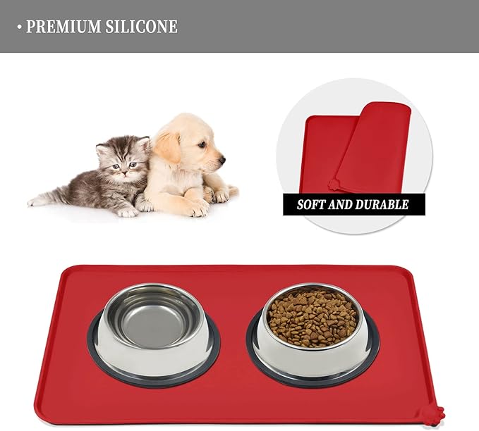 Waterproof Pet Feeding Mat with High Raised Edges, Heavier and Thicker Placemats for Cat Dog Water Bowl with BPA Free, Dogs Cats Food Mats for Messy Drinkers to Prevent Spill and Protect Floors