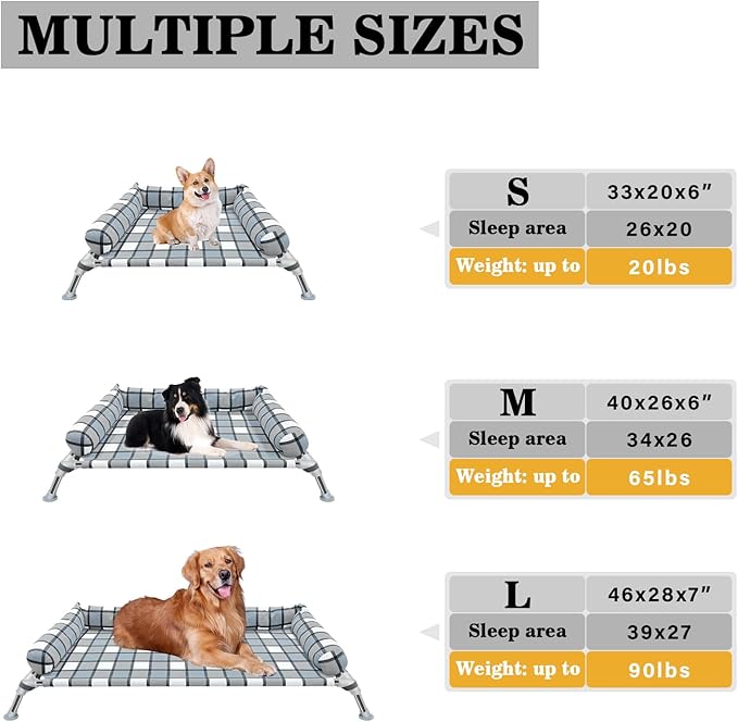 Elevated Raised Dog Bed Cot - Cooling Raised Dog Bed with Bolster Portable Washable Pet Hammock with Pillows & Metal Frame for Indoor & Outdoor, Large