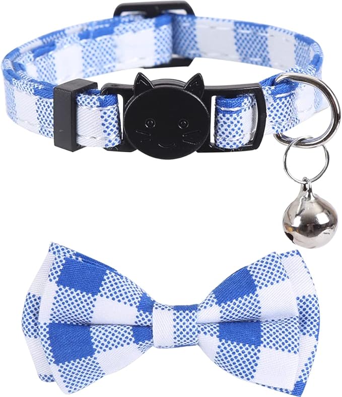 2 Pack/Set Cat Collar Breakaway with Cute Bow Tie and Bell Plaid Flower for Kitty Adjustable Safety