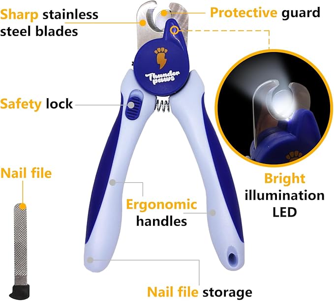 LED Dog Nail Clippers with Light, Trimmers with Protective Guard, Quick Sensor, Safety Lock and Nail File - Suitable for Large and Small Dogs & Cats (Blue, LED)