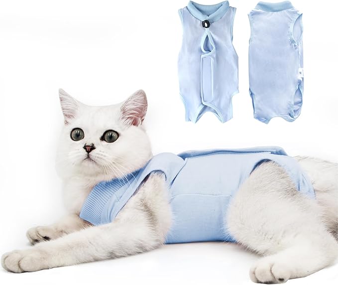 DOTON Cat Recovery Suit for Male and Female Surgical Post Surgery Soft Cone Onesie Shirt Clothes Neuter Licking Protective Diapers Outfit Cover Kitten Spay Collar(S, Blue)