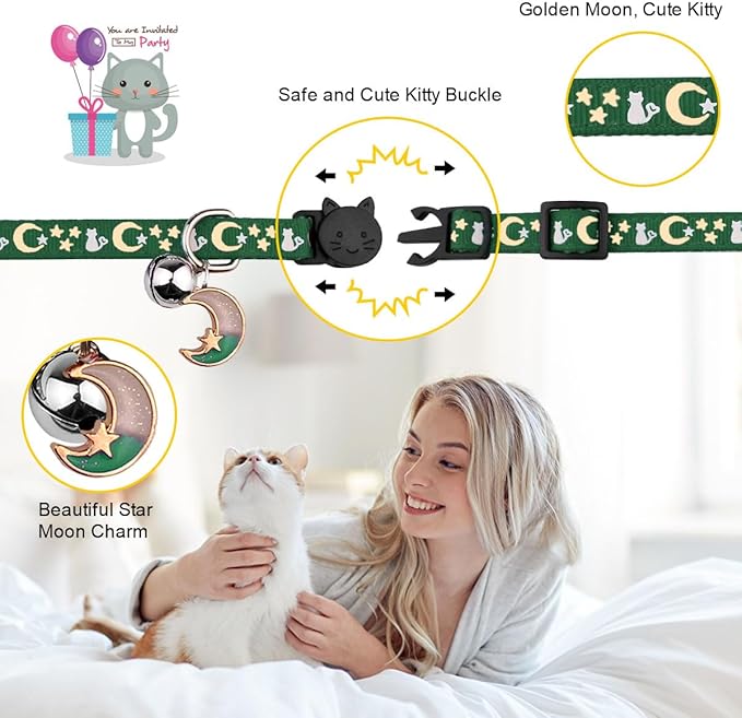 Baeuppit 2PCS Breakaway Cat Collars with Bell Cute Kitty Glow in The Dark Adjustable Kitten Collars(Deep Green&Black)