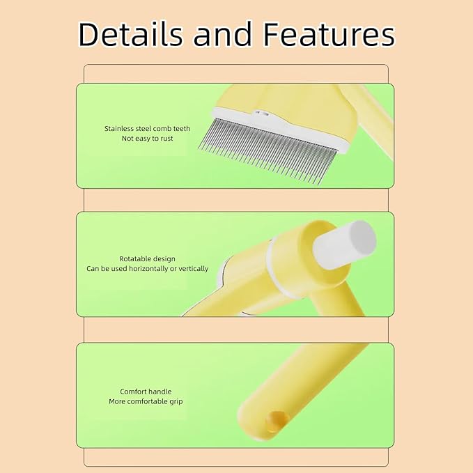 360° Press and Rotate Flea Comb for Cats and Dogs - Self-Cleaning Pet Hair Removal Tool with Release Button & Long-Short Stainless Steel Teeth for Shedding (Green and Yellow)