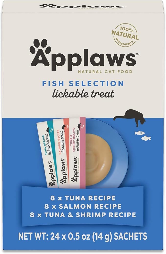 Applaws Lickable Cat Treats, Natural Grain-Free Purée, Limited Ingredient, Fish Squeeze Up Cat Treats (24 x 0.25 oz Sachets)