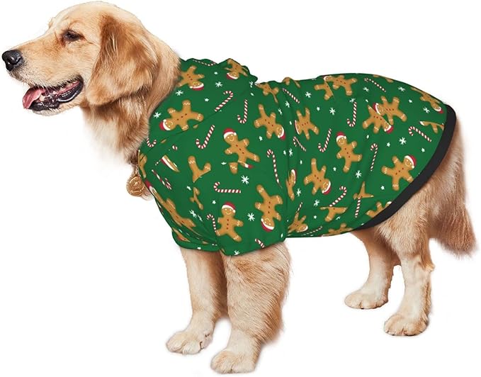 Green Christmas Gingerbread Men Candies Hoodie,Christmas Cosplay Dog Clothes with Pocket and Hat Winter Clothes Sweaters Medium