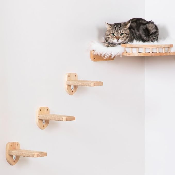 3pcs Cat Wall Steps, Climbing Mounted Furniture, Shelves With Hemp Rope Covered, Solid Wood Ladder for Playing and Climbing (Large-Wood)