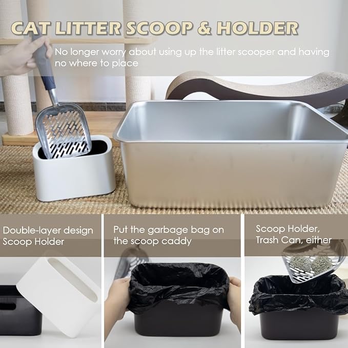 Heavy-Duty Metal Cat Litter Scoop with Holder, Aluminum Cats Litter Scooper Captures All Clumps, Kitty Metal Scooper and Holder (White)