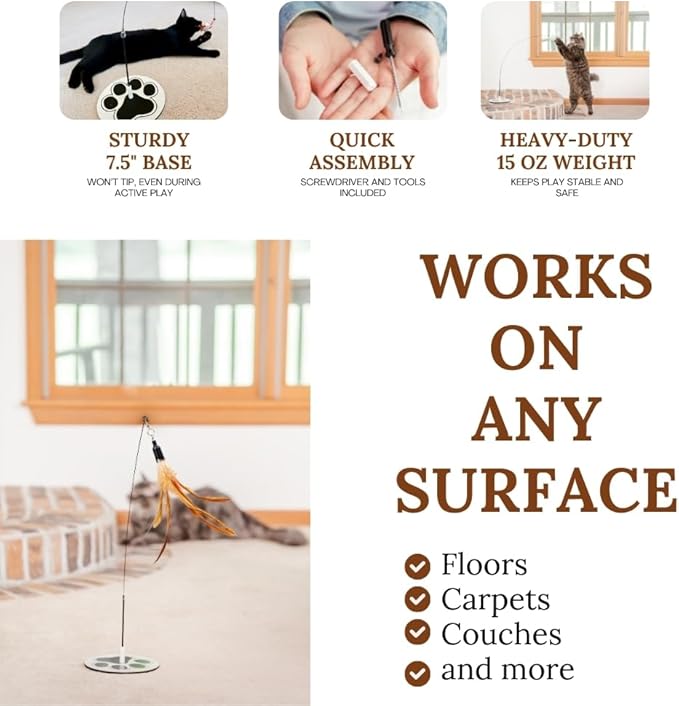 Interactive Cat Toys for Indoor Cats 2 in 1 Cat Wand Toys Solid Round Base Toys for Bored Indoor Adult Cats Self Play Feather Toy Bird Feather