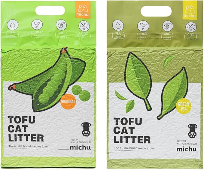Tofu Cat Litter Natural Clumping Tofu Cat Litter, Fast Clumping and Easily Scoop-able 5.5lb/88oz 5 Scents - Original + Greentea, 2 Pack