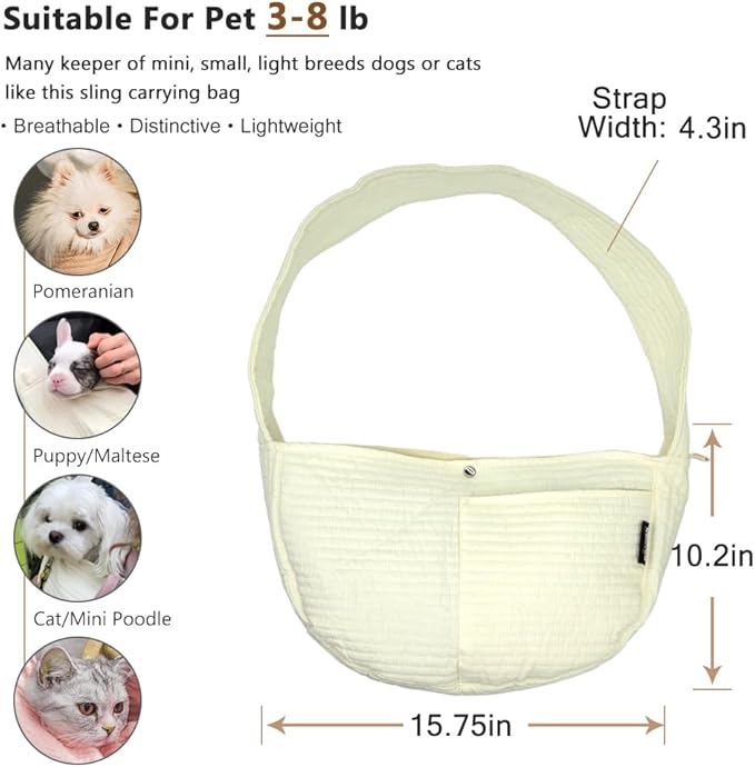 NATUYA Small Dog Carrier Sling Cat Sling,Adjustable Strap Hand Free Pet Puppy for Outdoor Traveling Subway (White, Canvas)
