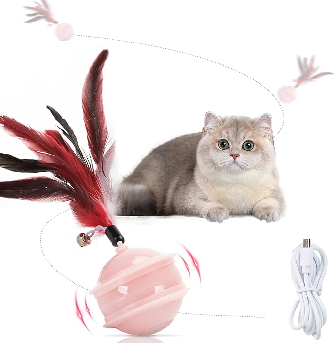 Colurful LED Interactive Cat Feather Toy Ball for Bored Indoor Adult Cats Chase Automatic Moving Ball Rechargeable Self Rolling Automated Tumbler Toy Electric Cat Toy (Pink)