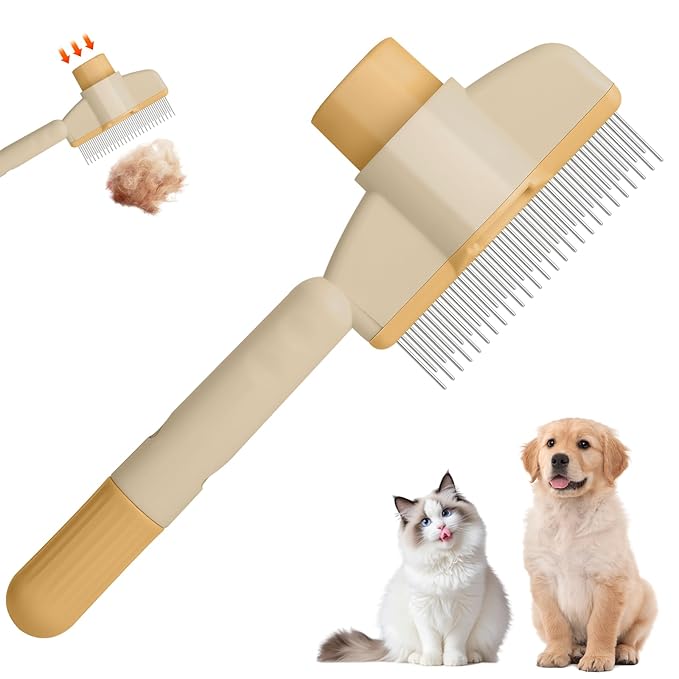 Pet Hair Removal Comb Flea Comb, 2025 New Cat Grooming Brush with Release Button, De-Shedding Cat Brush for Short and Long Hair Cats (Yellow)