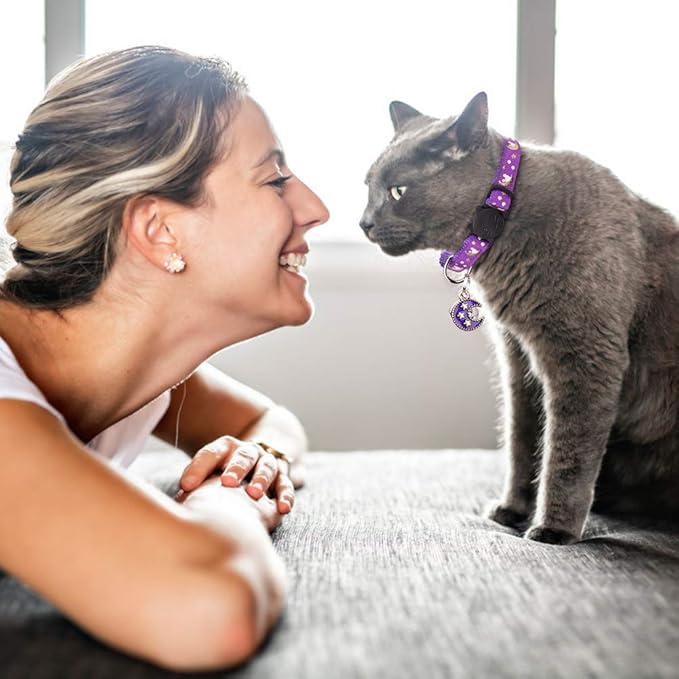 2Pcs Breakaway Cats Collars Cat Collars for Boy & Girl Cats Adjustable Kitten Collars with Bell,Purple+Teal,8"-13.1"