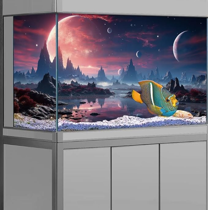 24X16IN Cosmic Spaceterrarium Background, Cool Parallel Space Themed Aquarium Reptile Habitat Background, Red Moon Aquarium Background with 10EVA Double-Sided Tape