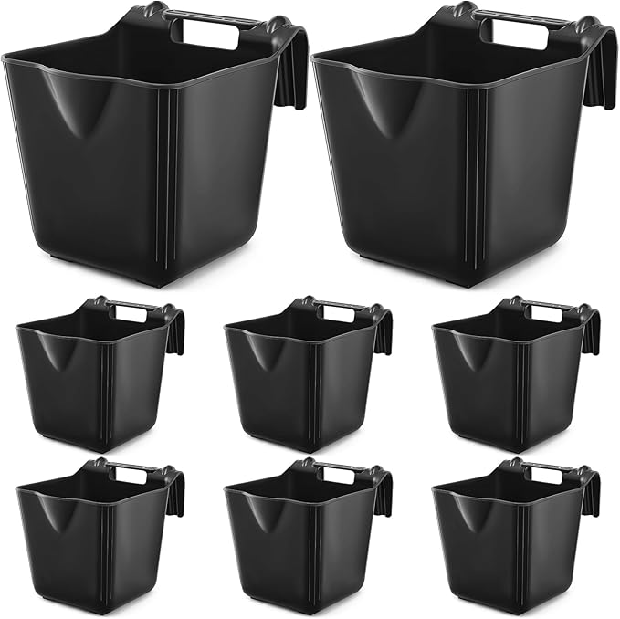 Marsui 8 Pcs 15 Quart Horse Feeders for Stall Hook Over Hanging Fence Hay Feeder Mountable Livestock Plastic Feed Bucket for Farm Stalls Pasture, Stable to Feed Horses Sheep Cattle Cows Etc (Black)