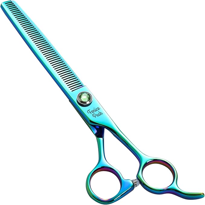 Fenice Peak 7'' Green Thinning Dog Grooming Scissors Pet Shears with Ergonomic Offest Handle and Simulated Emerald Screw 440C Grooming Scissors Trimming Shears Durable and Sharp
