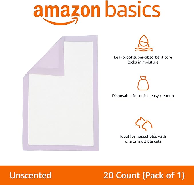 Amazon Basics Cat Litters Pee Pads, 20 Count, Universal Fit for Litter Box, Odor Control, Unscented, Purple and White