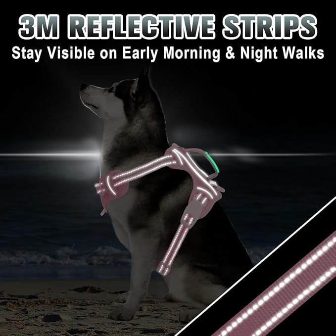 BARKBAY No Pull Dog Harness Large Reflective Dog Harness with Front Clip and Easy Control Handle for Walking Training Running with ID tag Pocket(Baby Pink,XL)