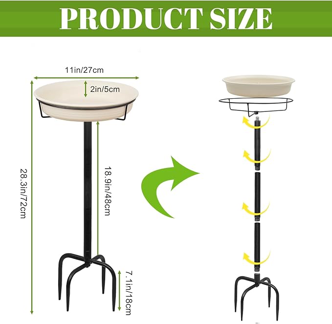 Bird Baths for Outdoors Heavy Duty, 35.5in Detachable Birdbaths for The Garden Clearance, Bird Bath Bowl Spa & Birdfeeder with Metal Stake Stand for Outdoors Garden, 4 Spiky Feet (C)