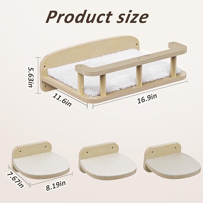 MeowHomm Cat Wall Shelves, Wood Cat Shelf with 3 Steps, Non-Slip Wall-Mounted Furniture for Kittens