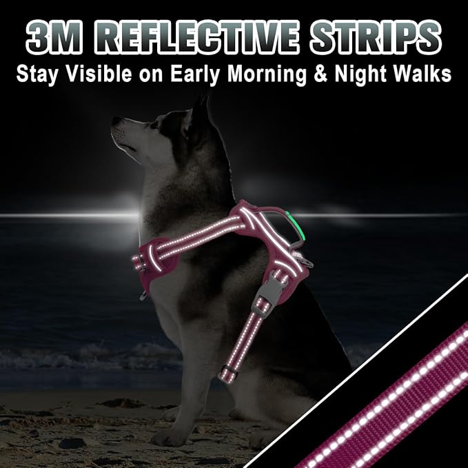 BARKBAY No Pull Dog Harness Large Reflective Dog Harness with Front Clip and Easy Control Handle for Walking Training Running with ID tag Pocket(Pink,L)