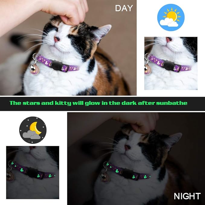 Baeuppit 2PCS Breakaway Cat Collars with Bell Moons Stars Cute Kitty Adjustable Safe Kitten Collars with Pendant Glow in The Dark(Black&Purple)