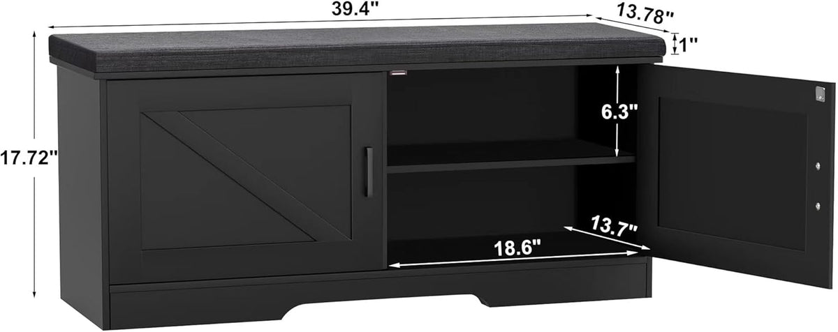 2-Tier Storage Bench, Shoe Bench with Padded Seat Cushion, Entryway Bench with 2 Barn Doors, Adjustable Shelf, 13.8" D x 39.4" W x 17.7" H, for Entryway, Living Room, Bedroom, Black