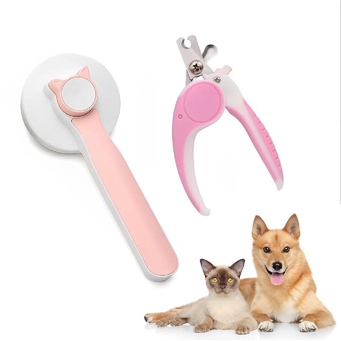 2PCS Pet Grooming Kit, Cat Brushes & Cat Nail Clipper, Cat Grooming Brush for Sedding and Grooming Fur (Pink）