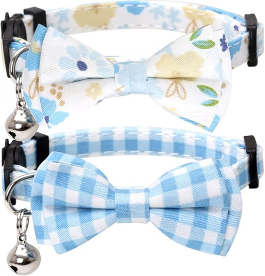 2 Pack/Set Cat Collar Breakaway with Cute Bow Tie and Bell Plaid Flower for Kitty Adjustable Safety