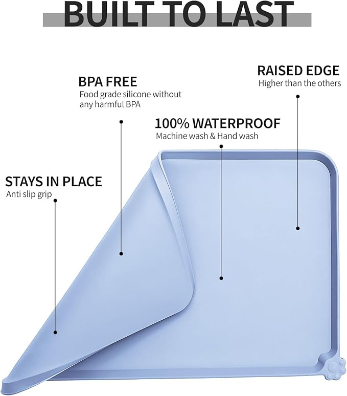 Waterproof Pet Feeding Mat with High Raised Edges, Heavier and Thicker Placemats for Cat Dog Water Bowl with BPA Free, Dogs Cats Food Mats for Messy Drinkers to Prevent Spill and Protect Floors