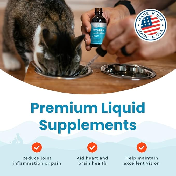 Wild-Caught Omega 3 Fish Oil for Dogs & Cats, Liquid EPA DHA Supplement for Skin, Coat, Joints & Heart, Low-Odor Omega 3 Drops for Small Dog Breeds & Cats with Itchy Skin, 2 oz