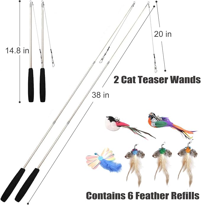 Interactive Cat Wand Toys Set, 2PCS Cat Teaser with 6 Replacement Birds, Feathers & Bells for Indoor Play