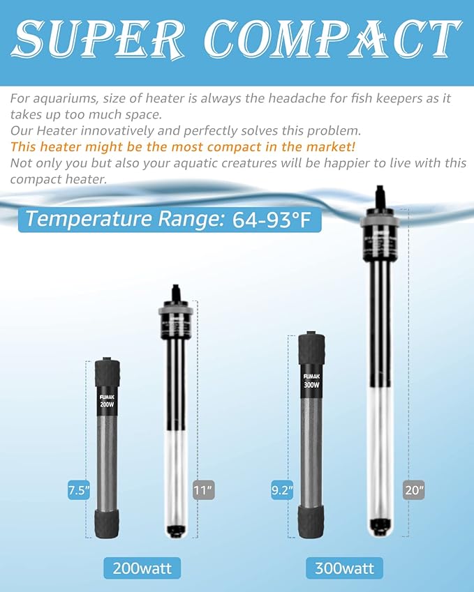 300W Adjustable Aquarium Heater Super Short Submersible Fish Tank Heater Fish Heater with LED Digital Display Thermostat, for Tanks 40-60 Gallons