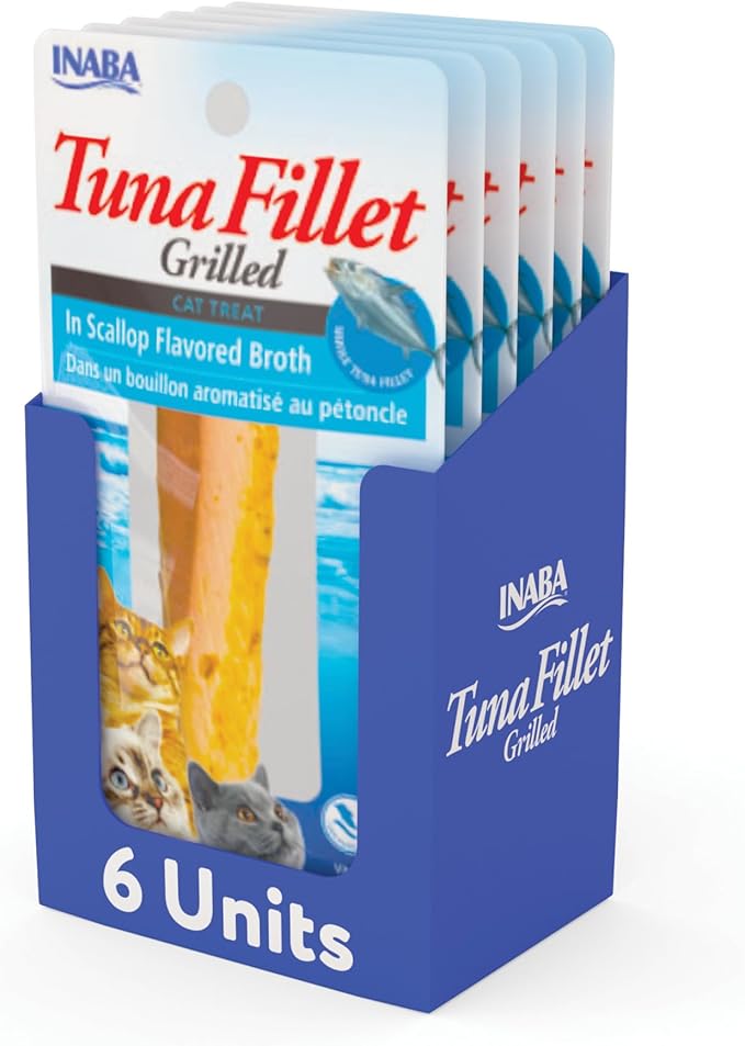INABA Premium Hand-Cut Grilled Tuna Fillet Cat Treats/Topper with Vitamin E and Green Tea Extract, 0.52 Ounces Each, Pack of 6, Scallop Broth