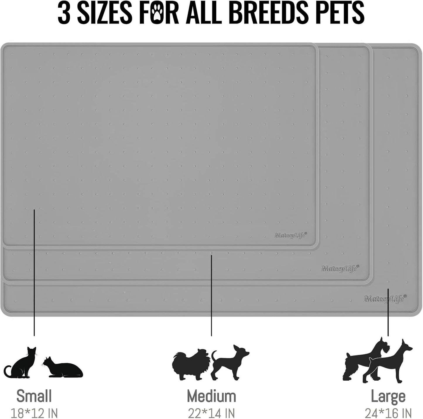 MateeyLife Dog & Cat Food Mat for Floors Waterproof, Nonslip Bowl Mats for Food and Water, Dog Feeding Mats with Raised Edges, Silicone Dog Water Matt Tray for Messy Drinkers, 18"x12", Grey