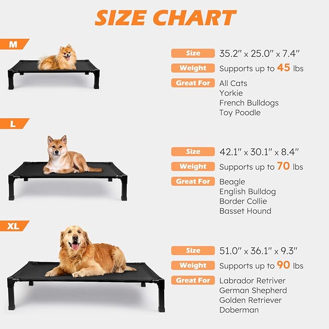 Heeyoo Elevated Dog Bed, Cooling Raised Pet Cot with Chew Proof Washable Breathable Mesh and Metal Frame, Portable Dog Cot Bed with No-Slip Feet for Outdoor or Indoor Use