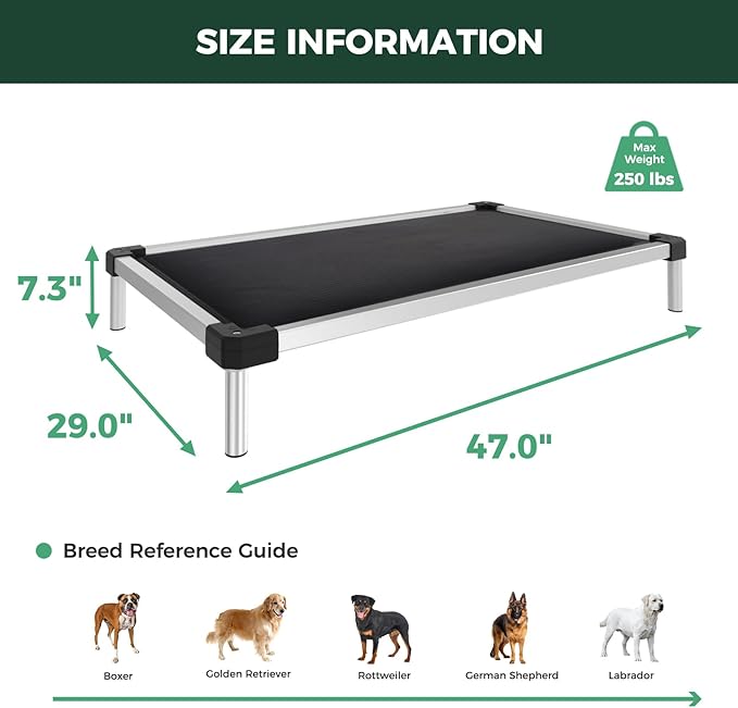 FXW TitanNest Chew-Proof Elevated Dog Bed, Raised Cot for Indoor/Outdoor/Camping Use, Durable & Washable Padded Pet Bed for Large Dogs, 47.0" L x 29.0" W x 7.3" H, Black