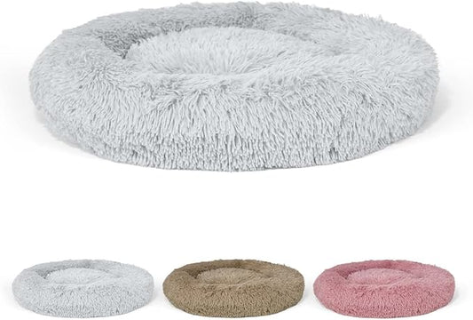 24/30 Inch Calming Donut Pet Bed for Small/Medium Cats and Dogs, Anti-Slip Bottom, Washable, Anti-Anxiety Fluffy Round Cat Bed, Indoor Shaggy Cuddler Cotton Candy Brown, Light Gray, Pink Bed