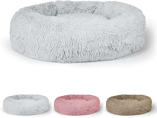 24/30 Inch Calming Donut Pet Bed for Small/Medium Cats and Dogs, Anti-Slip Bottom, Washable, Anti-Anxiety Fluffy Round Cat Bed, Indoor Shaggy Cuddler Cotton Candy Brown, Light Gray, Pink Bed