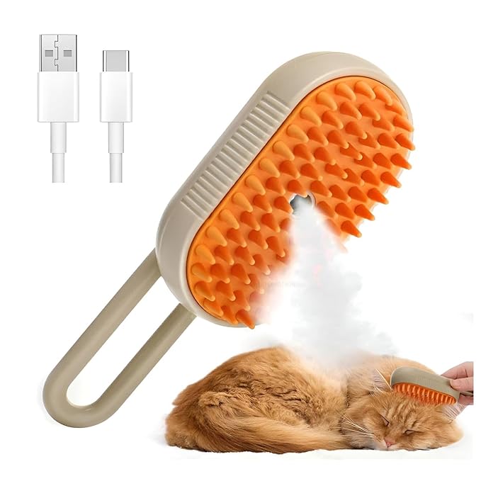 4-in-1 Cat Steam Brush for shedding–Self-Cleaning Comb for Long and Short Hair Cats and Dogs, Steam Pet Brush for Hair Removal, Vibrating Message, Grooming & Relaxation (Khaki)