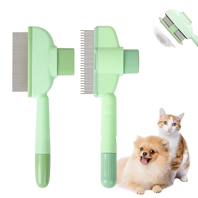 Pet Comb for Cats & Dogs, One-Touch Hair Release Button, Dense-Tooth & Mixed-Length Teeth 2-Piece Set, for Long & Short Hair, Gentle Pain-Free Design (Green)