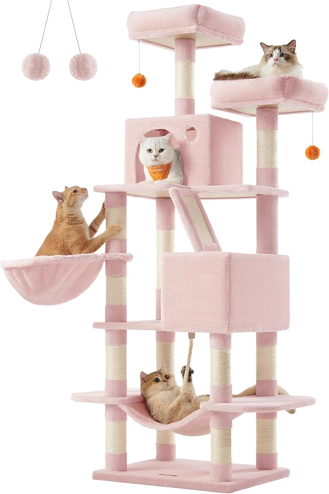 Feandrea Cat Tree, 66.1-Inch Large Cat Tower with 13 Scratching Posts, 2 Perches, 2 Caves, Basket, Hammock, Pompoms, Multi-Level Plush Cat Condo for Indoor Cats, Jelly Pink UPCT165P01