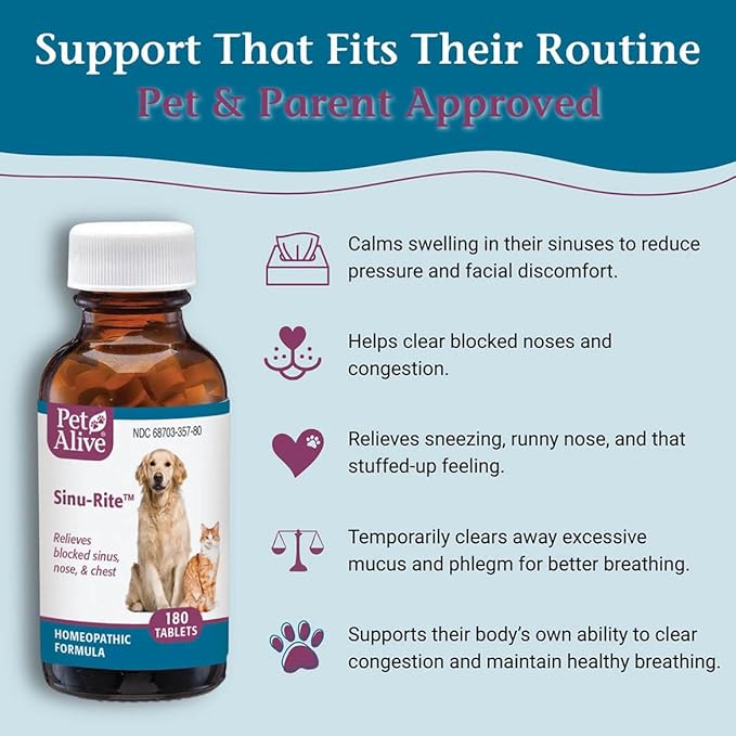 PetAlive Sinu-Rite Cat and Dog Nasal Congestion Relief - Homeopathic Tablets - Supports Temporary Relief from Sinus Congestion, Runny Nose, Facial Pressure - Dog and Cat Sneezing Treatment - 180 Count