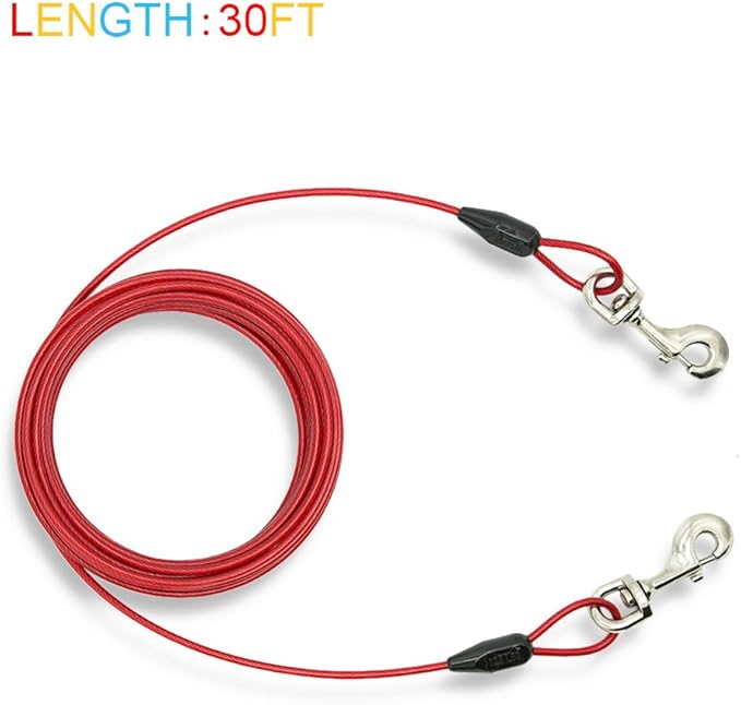 Petest 30ft Tie-Out Cable with Crimp Cover for Heavy Dogs Up to 125 Pounds Black & Red