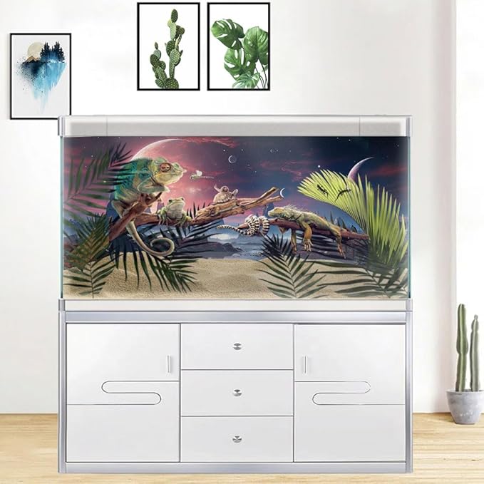 36X24IN Cosmic Spaceterrarium Background, Cool Parallel Space Themed Aquarium Reptile Habitat Background, Red Moon Aquarium Background with 10EVA Double-Sided Tape