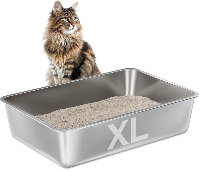 Stainless Steel Litter Box -6in High Sided,XL Metal Cat Litter Box for Big Cats Easy to Clean, Cat LitterBox Metal Pet Toilet for Adult Big Cats,Non Stick, No Smell,23.6"x15.8"x6"
